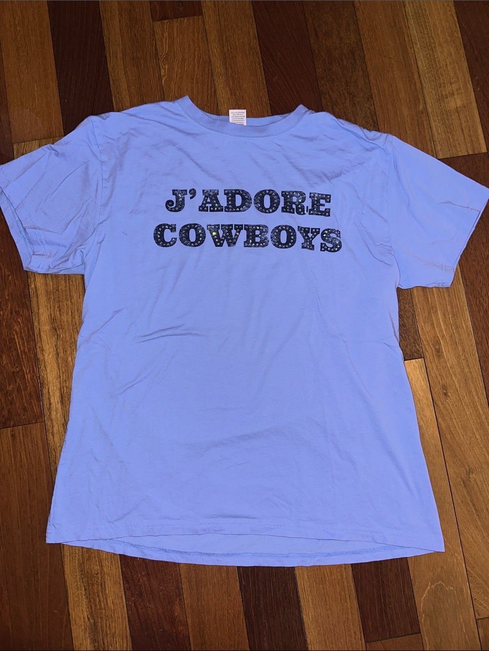 PINK Victorias Secret Light Blue Rhinestone 'J'Adore Cowboys' Short Sleeve Tee